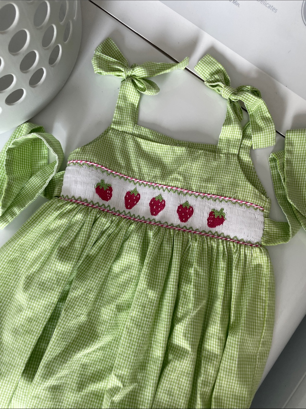 Girls Green Gingham Strawberry Smocked One-Piece Dress